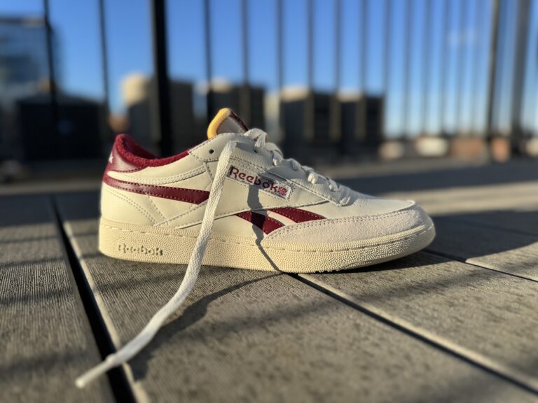 Reebok Men's Club C Revenge Vintage Chalk and Burgundy profile view in daylight