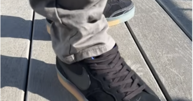 The Nike SB Pogo Plus Premium (Black Gum) worn on feet with grey pants
