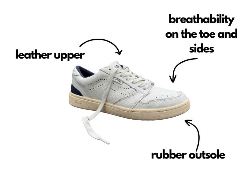 The Men’s Vans Court Low Shoe in white marshmallow navy blue materials with the leather upper, ventilation, and rubber outsole highlighted